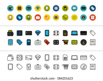 Black and color outline icons thin flat design, modern line stroke style, web and mobile design element, objects and vector illustration icons set 9 - shopping and finance collection