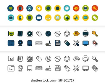 Black and color outline icons thin flat design, modern line stroke style, web and mobile design element, objects and vector illustration icons set 13 - computer collection