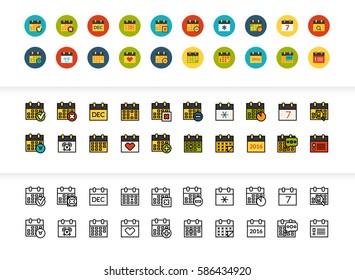 Black and color outline icons thin flat design, modern line stroke style, web and mobile design element, objects and vector illustration icons set 16 - calendar collection
