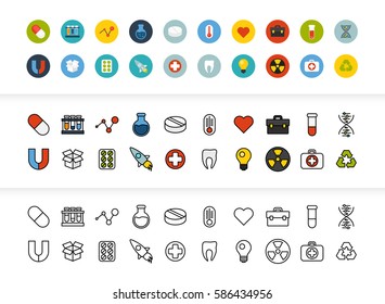 Black and color outline icons thin flat design, modern line stroke style, web and mobile design element, objects and vector illustration icons set15 - science and medicine collection