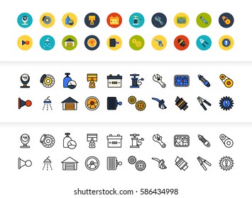 Black and color outline icons thin flat design, modern line stroke style, web and mobile design element, objects and vector illustration icons set 24 - car parts and services collection