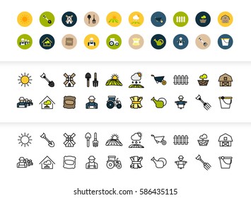 Black and color outline icons thin flat design, modern line stroke style, web and mobile design element, objects and vector illustration icons set 26 - farm and farming collection