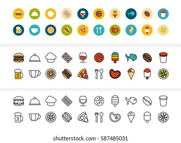 Black and color outline icons thin flat design, modern line stroke style, web and mobile design element, objects and vector illustration icons set 6 - food and drink collection