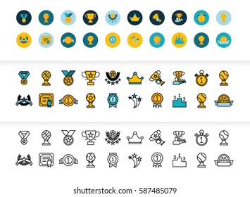 Black and color outline icons thin flat design, modern line stroke style, web and mobile design element, objects and vector illustration icons set 28 - winning prizes and awards collection