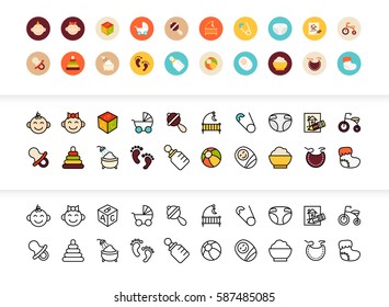 Black and color outline icons thin flat design, modern line stroke style, web and mobile design element, objects and vector illustration icons set 27 - baby and childhood collection