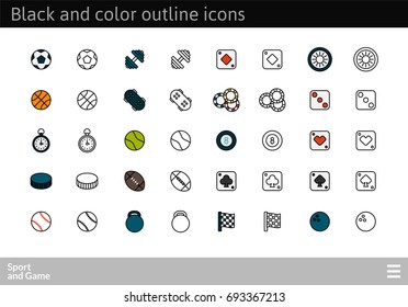 Black and color outline icons thin flat design, modern line stroke style, web and mobile design element, objects and vector illustration icons set 12 - sport and game collection