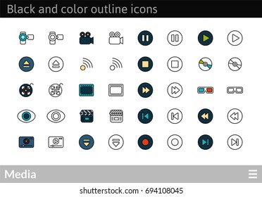 Black and color outline icons thin flat design, modern line stroke style, web and mobile design element, objects and vector illustration icons set - media collection