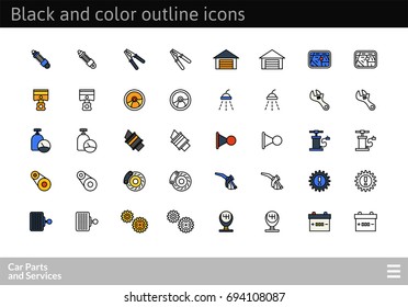 Black and color outline icons thin flat design, modern line stroke style, web and mobile design element, objects and vector illustration icons set - car parts and services collection