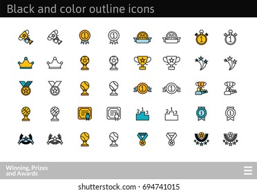 Black and color outline icons thin flat design, modern line stroke style, web and mobile design element, objects and vector illustration icons set 28 - winning prizes and awards collection