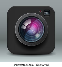 Black color photo camera icon, vector illustration.