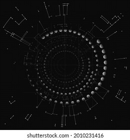 Black color polygonal science background. Digital data visualization with abstract dynamic motion with connected lines and dots, circles. Science, medicine and technology design technology background