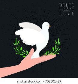 black color poster with sparks and hand holding a pigeon with olive branch in peak with decorative half crown of leaves and text peace a lots of love with linear brightness vector illustration vector