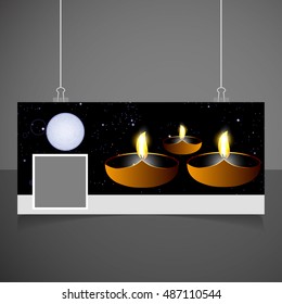 Black color religious background design for diwali festival with beautiful lamp in middle. banner template vector illustration