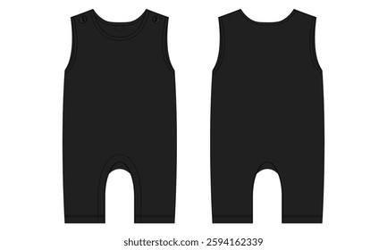 Black color Romper bodysuit technical drawing fashion flat sketch vector illustration template front and back views for kids.