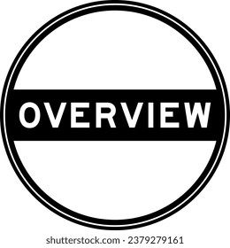 Black color round seal sticker in word overview on white background