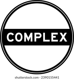Black color round seal sticker in word complex on white background