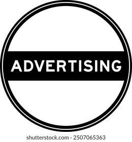Black color round seal sticker in word advertising on white background