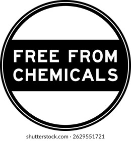 Black color round seal sticker in word free from chemicals on white background