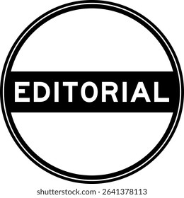 Black color round seal sticker in word editorial on white background