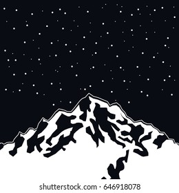 black color scene landscape background of snowy mountains with starry sky