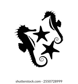 Black Color seahorses Silhouette Vector Illustration, Solid White Background.