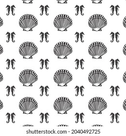 patrones de conchas marinas de color negro y caballitos de mar sobre fondo blanco, vector, decorativo, tela, textil, diseño, fondo, bolso de cuaderno