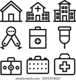 Black color Set of Hospital and medical health care editable stroke outline icons set isolated on white background flat vector illustration. 