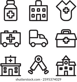 Black color Set of Hospital and medical health care editable stroke outline icons set isolated on white background flat vector illustration. 