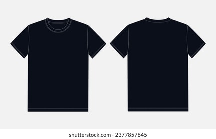 Black color Short sleeve Basic T shirt overall technical fashion flat sketch vector illustration template front and back views. Apparel clothing mock up for men's and boys.
