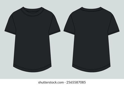 Black color Short sleeve Basic T shirt overall technical fashion flat sketch vector illustration template. Apparel clothing mock up for men's and boys. 