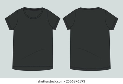 Black color Short sleeve Basic T shirt overall technical fashion flat sketch vector illustration template. Apparel clothing mock up for men's and boys. 