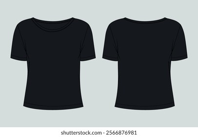 Black color Short sleeve Basic T shirt overall technical fashion flat sketch vector illustration template. Apparel clothing mock up for men's and boys.
