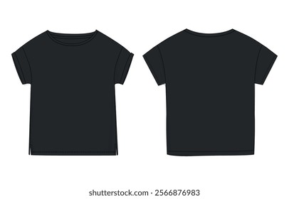 Black color Short sleeve Basic T shirt overall technical fashion flat sketch vector illustration template. Apparel clothing mock up for men's and boys.
