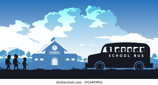 black and color of silhouette design of children going to school,vector illustration