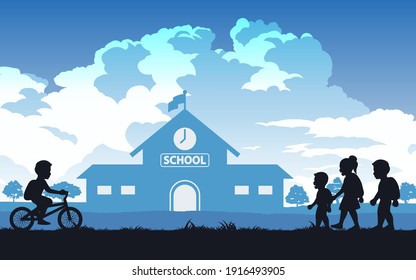 black and color of silhouette design of children going to school,vector illustration