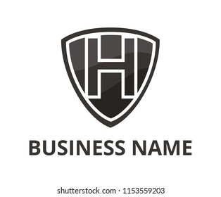 black color simple triangle shield logo graphic design with modern clean style for protection or security company with initial type letter h on it