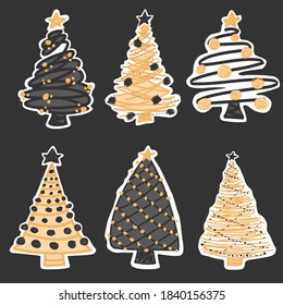 Black color sketch hand drawn doodle Christmas tree. Hand drawn christmas tree silhouette. Icons Christmas tree and sketches.  Doodle ink pattern for new year 2021. Vector illustration