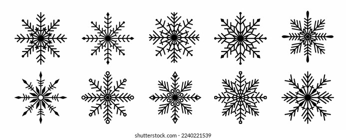 Black color snowflake icon set. Stock vector.