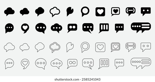 Black Color Speech Bubble Icon Set with Various Chat and Message Designs for UI, Web, Apps, Social Media, and Communication in Minimalist and Flat Styles