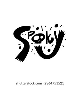 Black color spooky text word and scull sign vector art. Lettering autumn holiday isolated on white background.