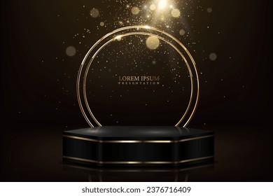 black color stage,golden glittering rings and glod dust modern luxury award platform and presentation podium background.design on the dark color backdrop.