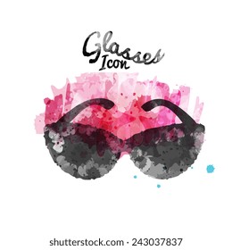 black color sunglasses a spot silhouette on a pink watercolor grunge style background, vector illustration. 
