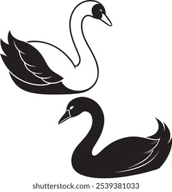 Black Color Swan Silhouette Vector Illustration, Solid White Background