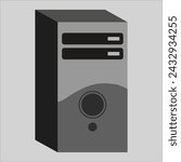 A black color System unit or tower or central processing unit with front view vector, icon, symbol, and illustrations