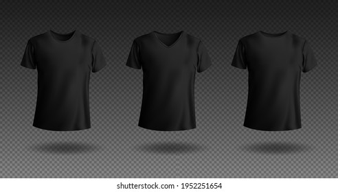 Schwarzes T-Shirt mit kurzen Ärmeln. Modekleidung realistisch, einzeln auf transparentem Hintergrund. Vektorgrafik.