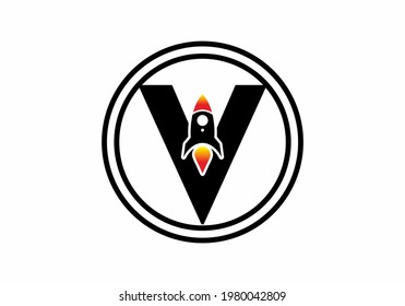 Black color of V initial letter with rocket design