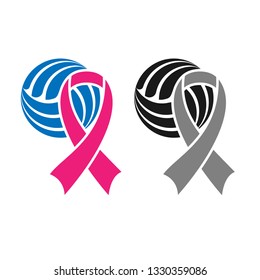 Black and color volleyball symbol with cancer ribbon isolated on white background