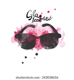 black color wayfarer sunglasses a spot silhouette on a pink watercolor grunge style background, colorful isolated vector illustration.