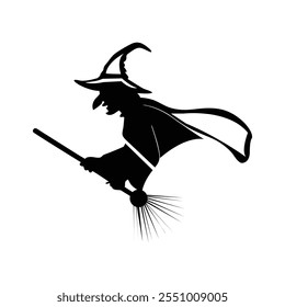 Black Color witch  Silhouette Vector Illustration, Solid White Background.