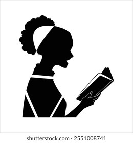 Black Color woman reading book Silhouette Vector Illustration, Solid White Background.